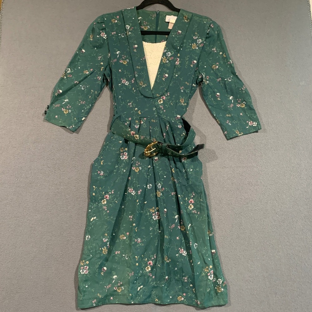 S.L. Petites Vintage 80s Floral Midi Dress Dark Green Lace Inset Belted Size 8P‎